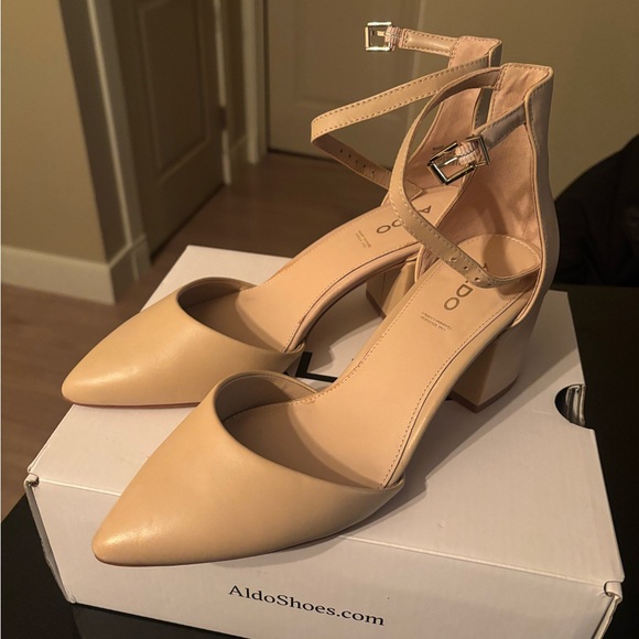 Aldo Shoes - Aldo Nude Pointed-Toe Ankle Strap Block Heels